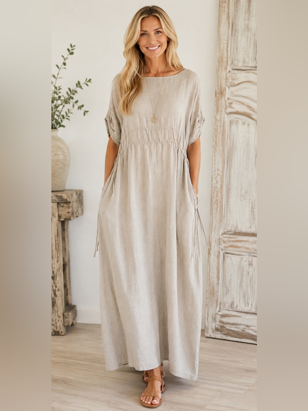 LILLY PILLY Linen Maxi Dress M Oatmeal Ruched Drawstring Lagenlook- deep pockets